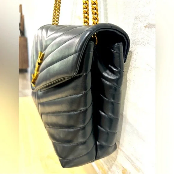 YSL Saint Lauren Loulou Medium Quilted Chevron Bag Black/Gold - Picture 6 of 17